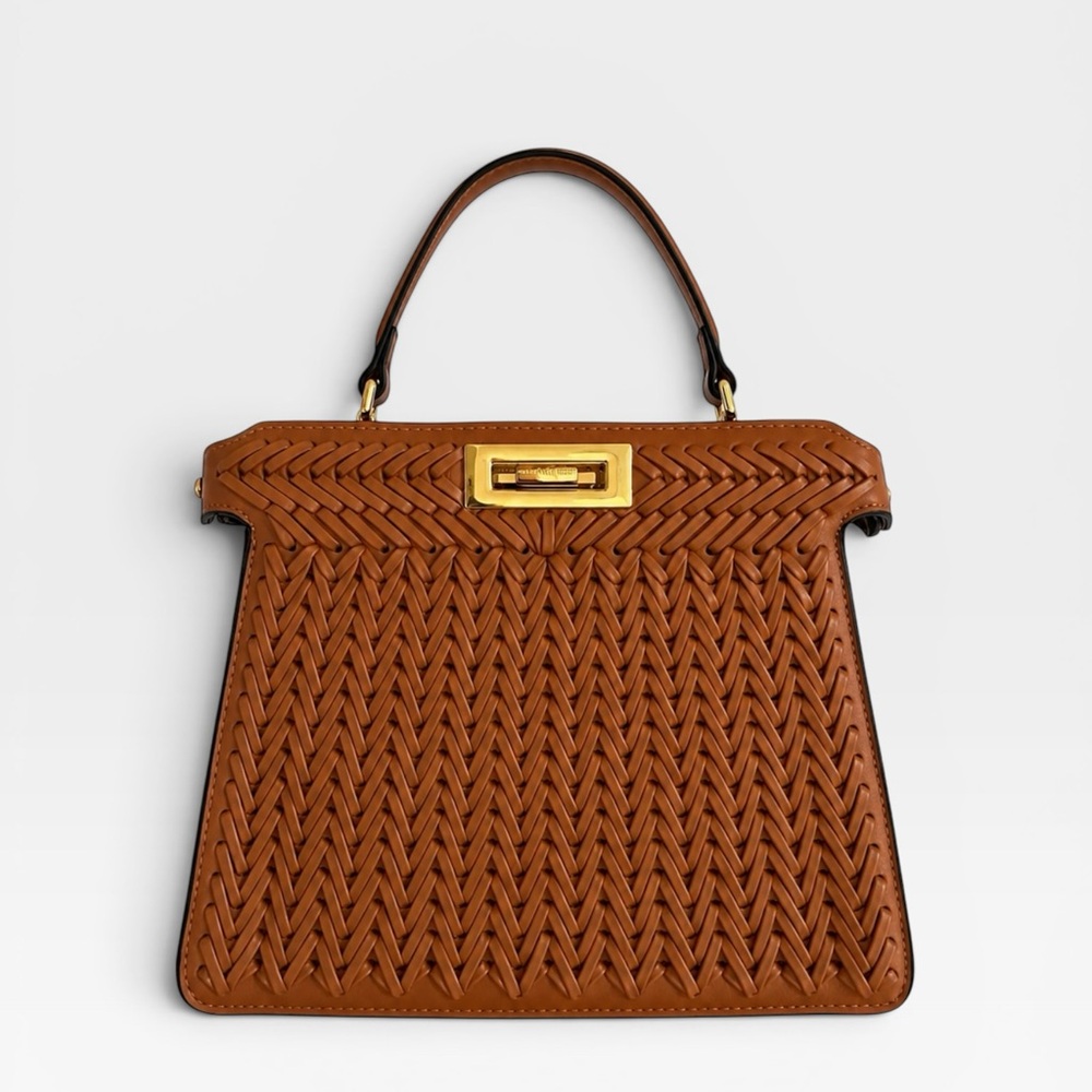 Woven Top-Handle Satchel in Cognac Brown